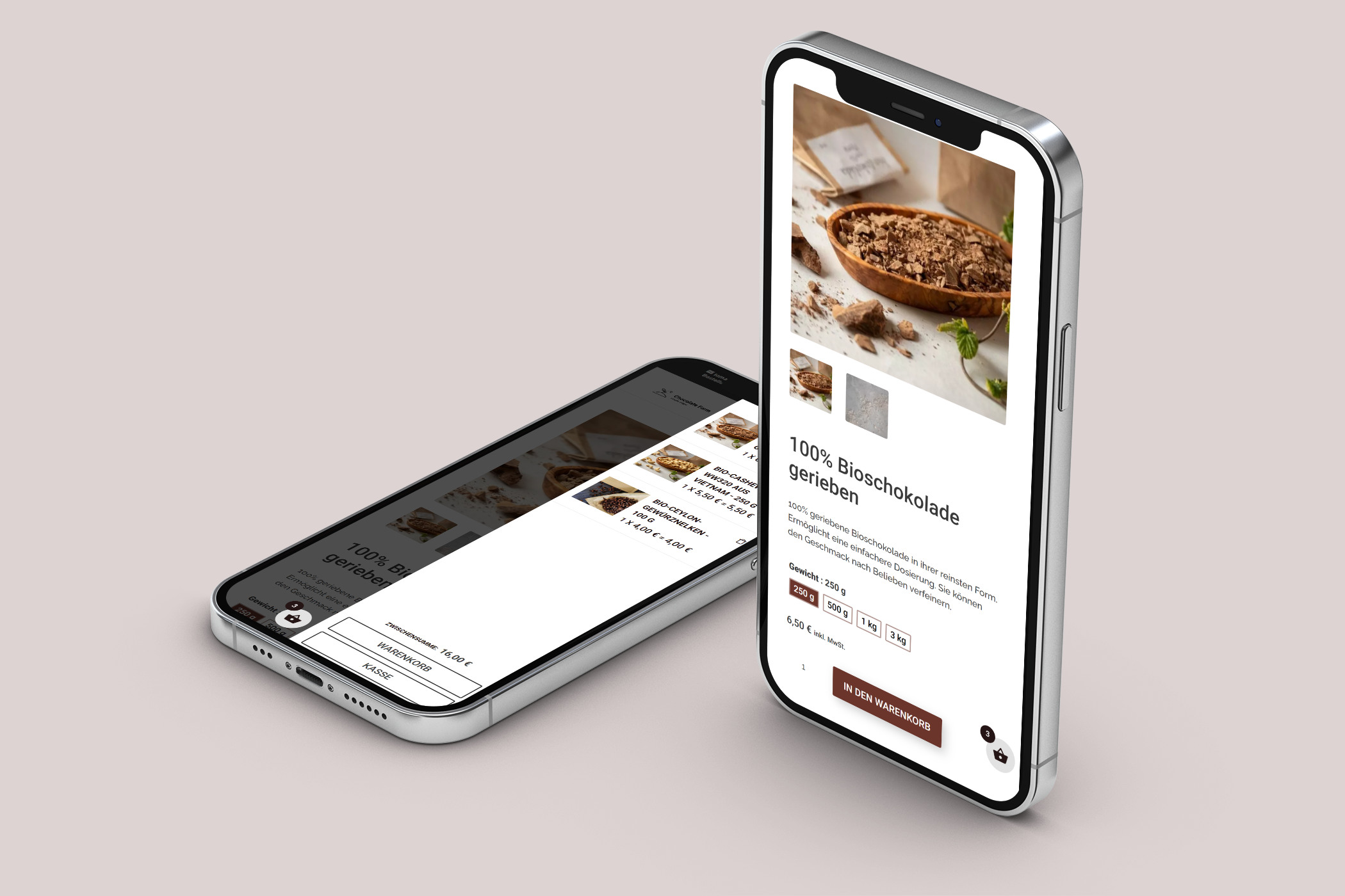 Product page with side cart visualization on a phone Chocolate Farm store