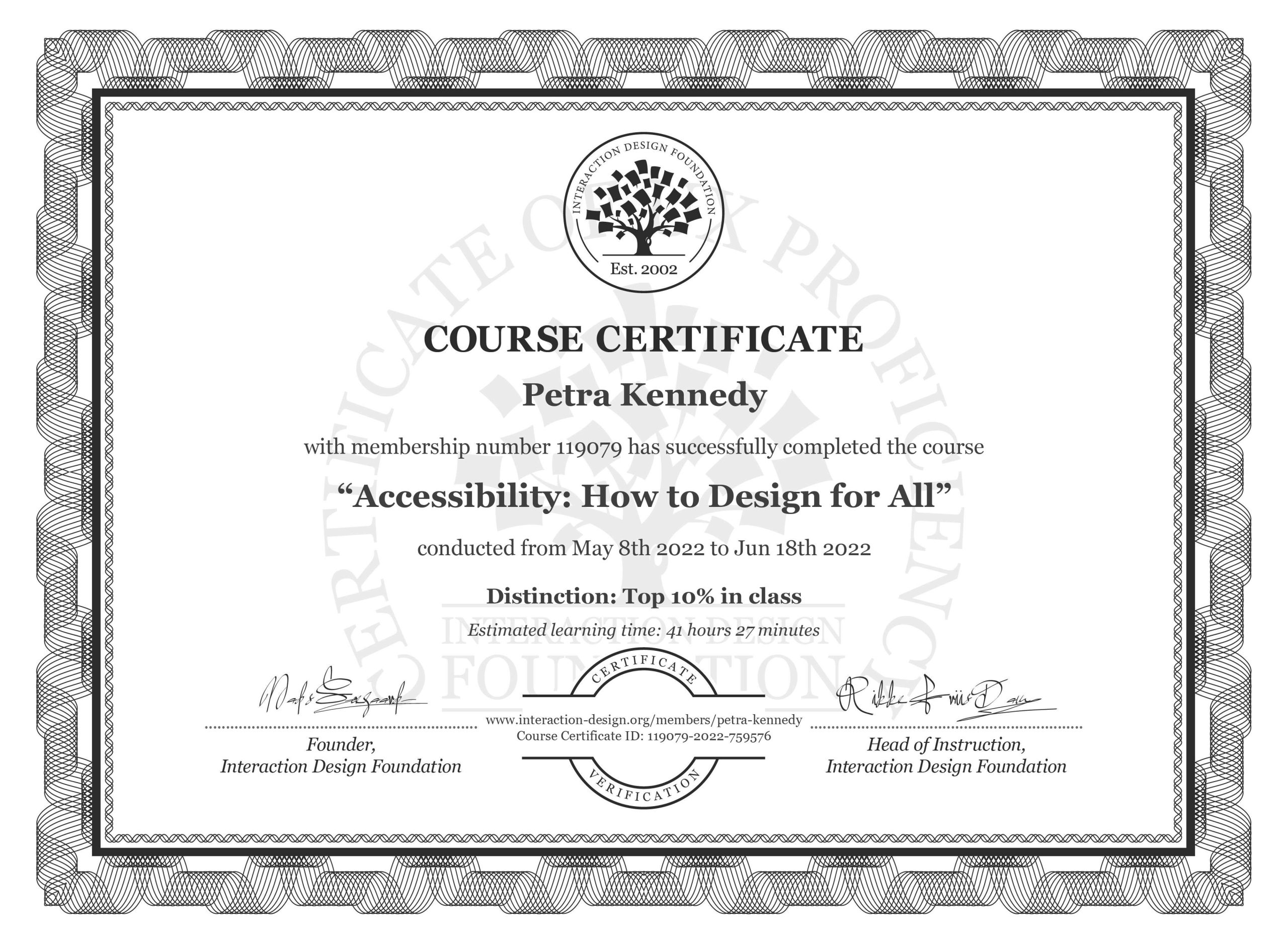 IxDF course certificate Accessibility: How to design for all