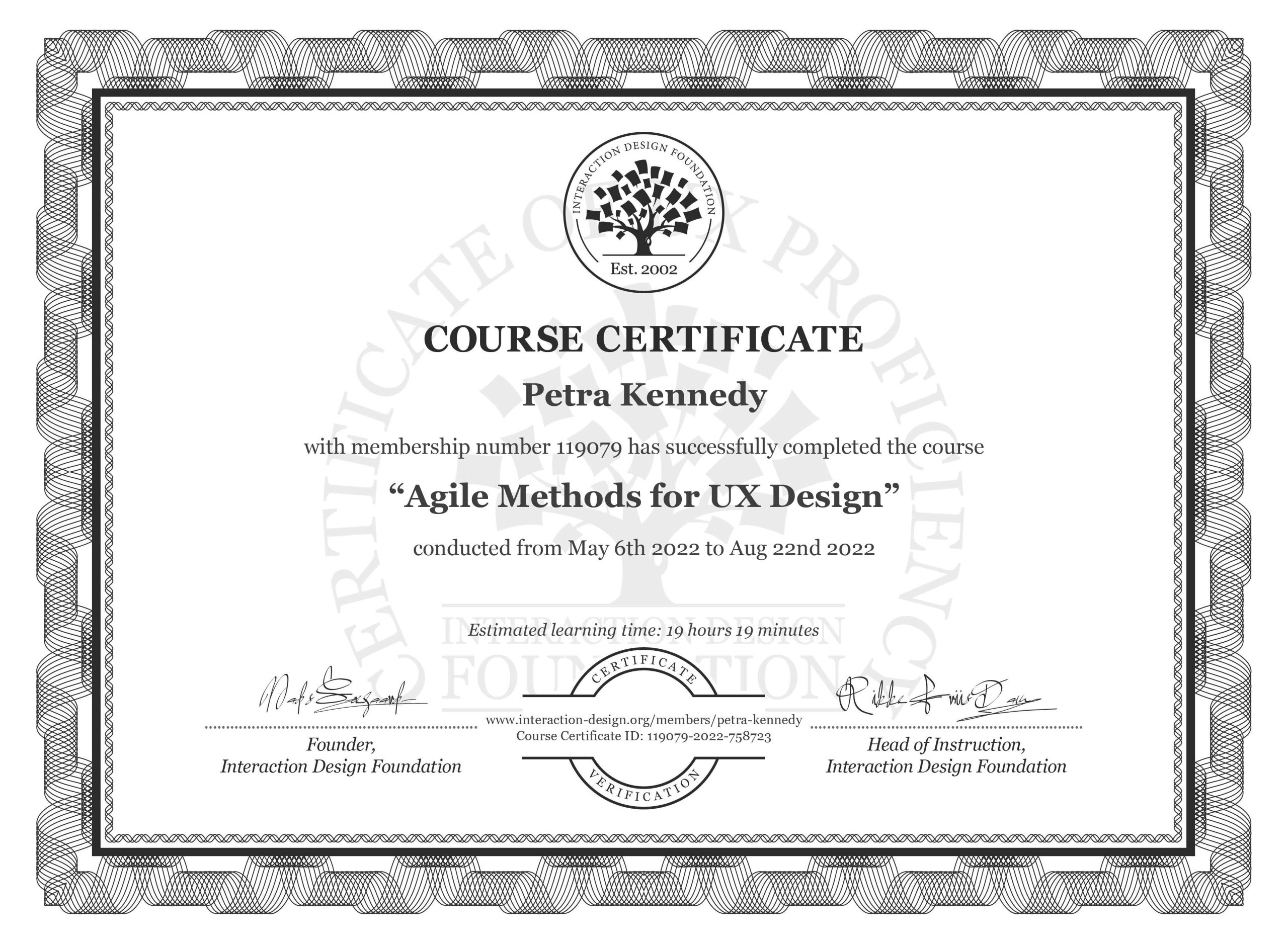 IxDF course certificate Agile Methods for UX design