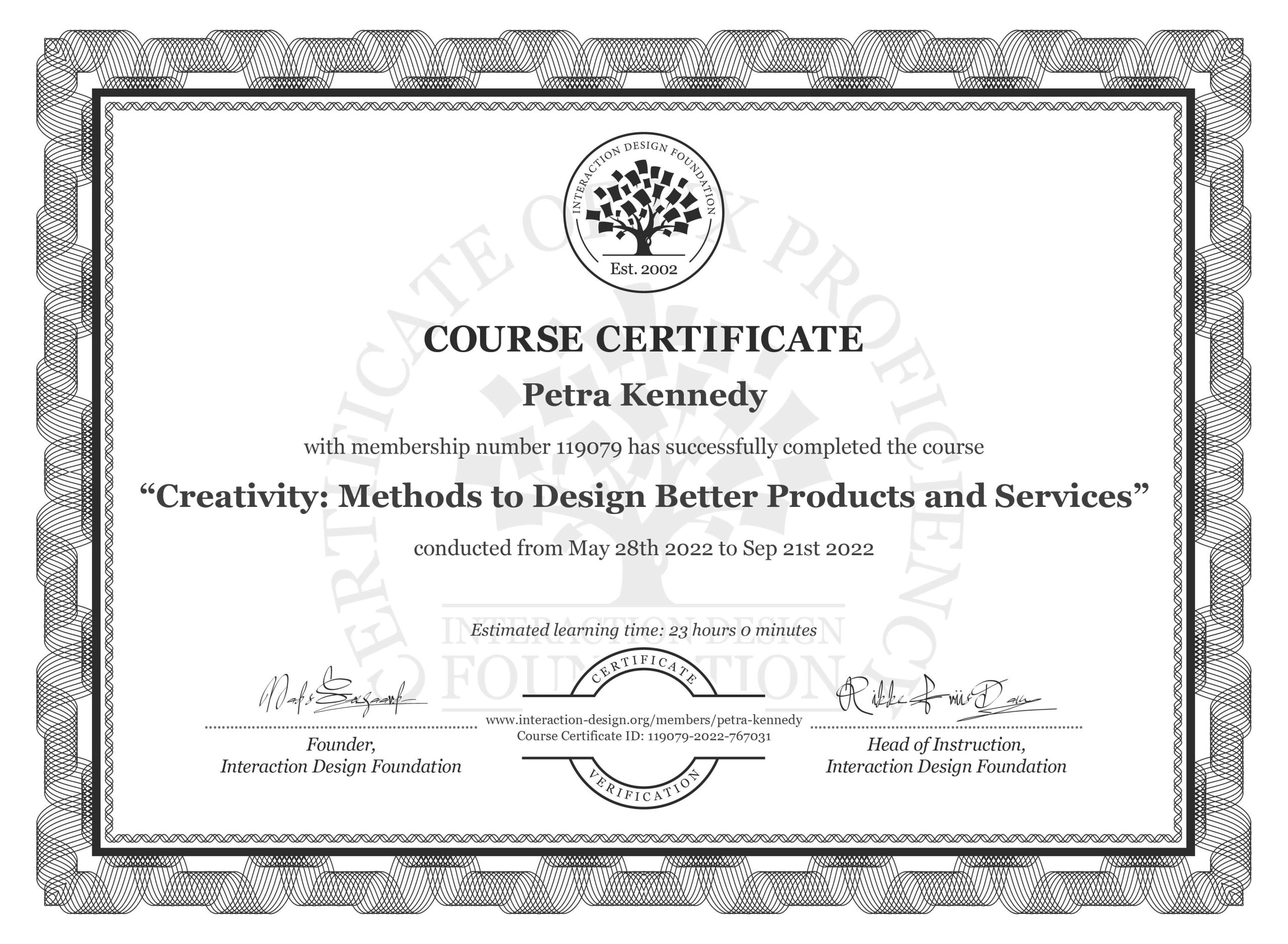 IxDF course certificate Creativity methods to design better products and services
