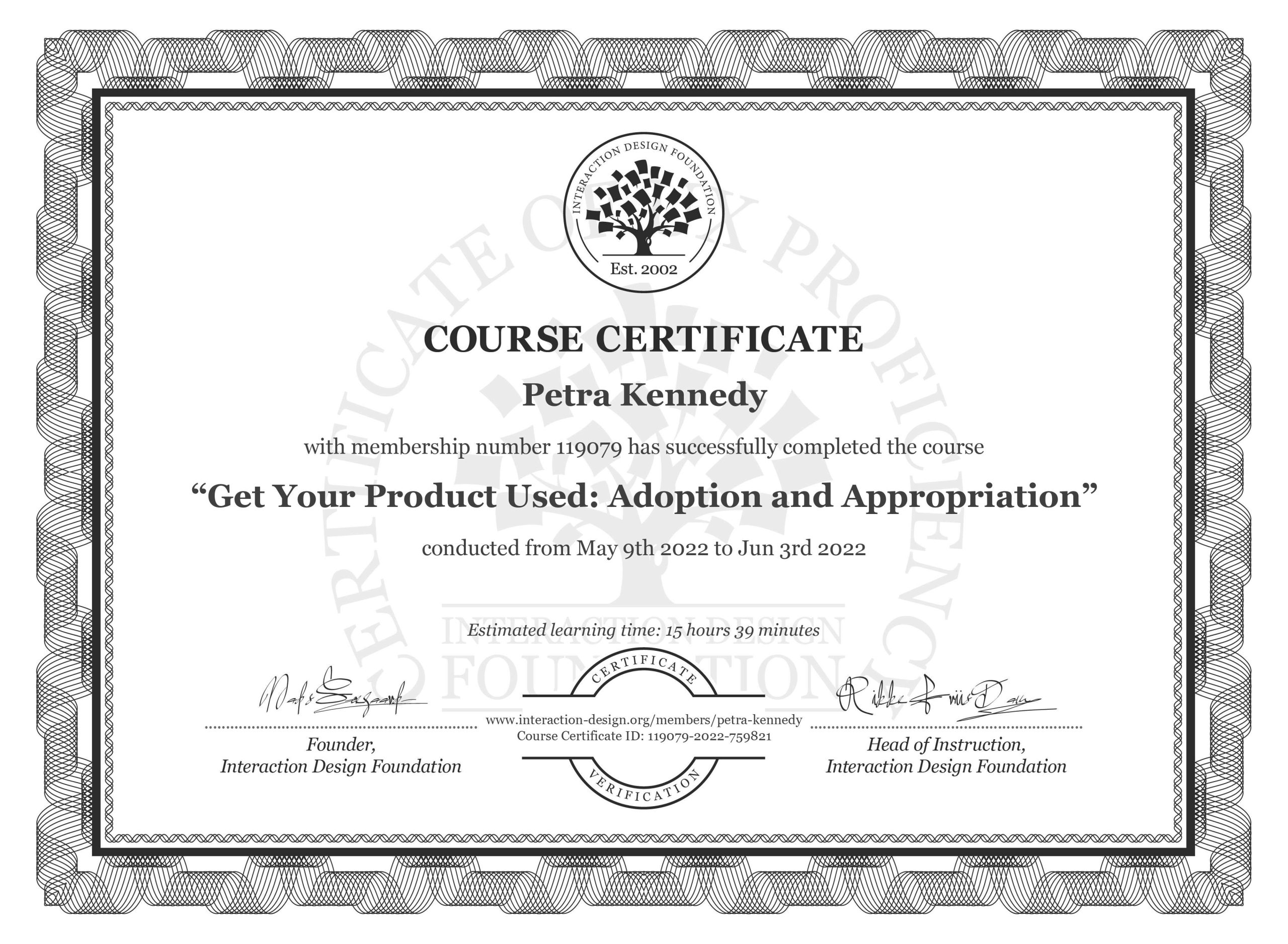 IxDF course certificate Get your product used: Adoption and Appropriation