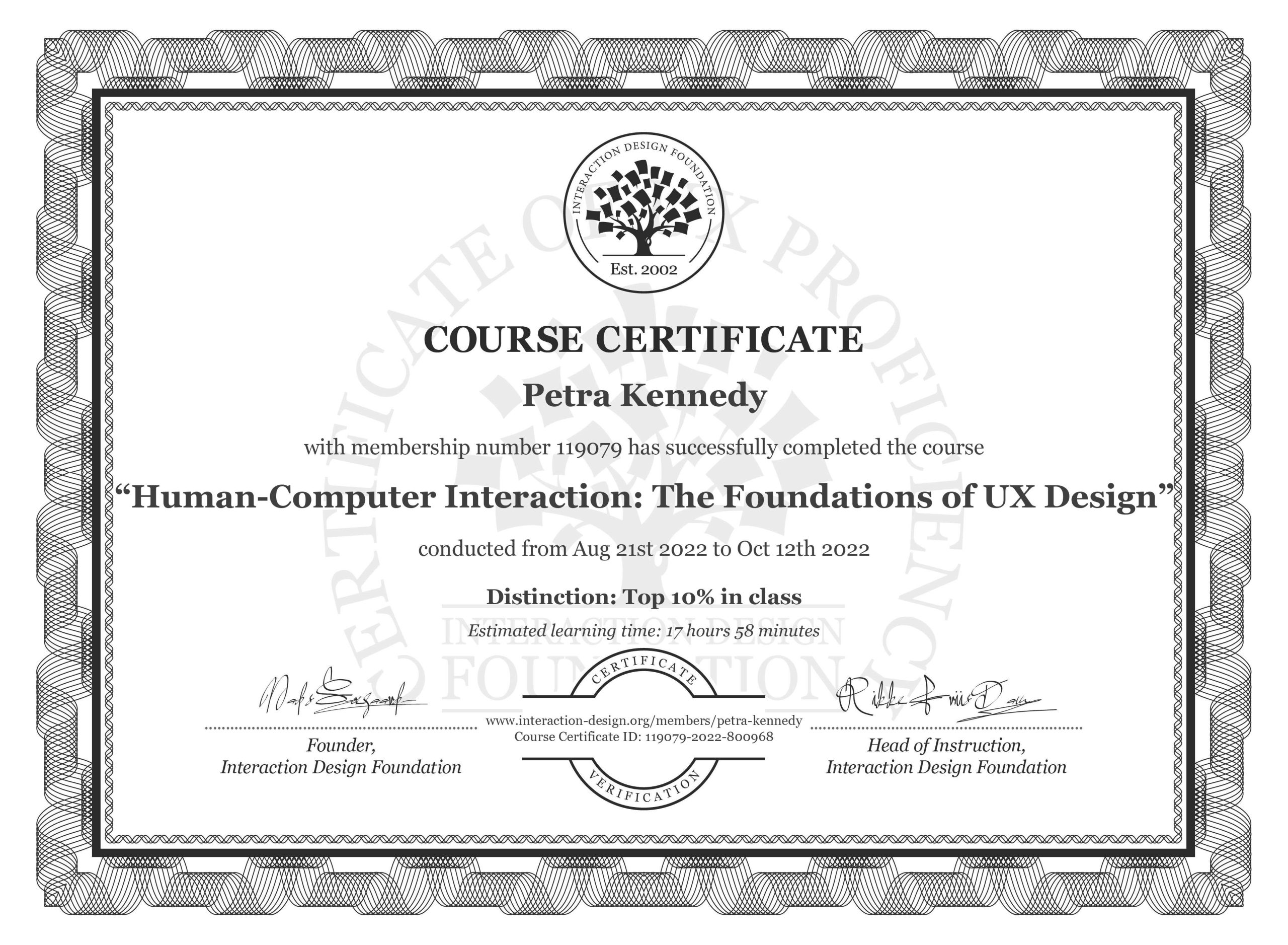 IxDF course certificate HCI: Foundations of UX design 